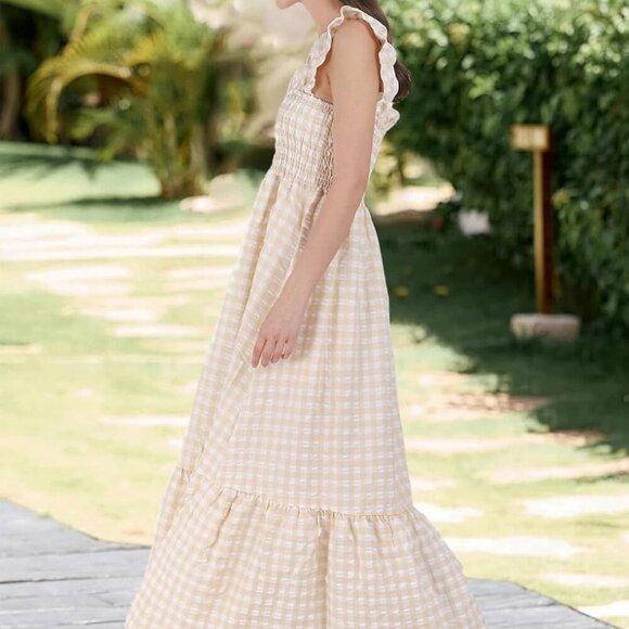 Women's Retro Plaid Smocked Dress Spaghetti Strap Flounce Long Dress - Picture 4 of 6